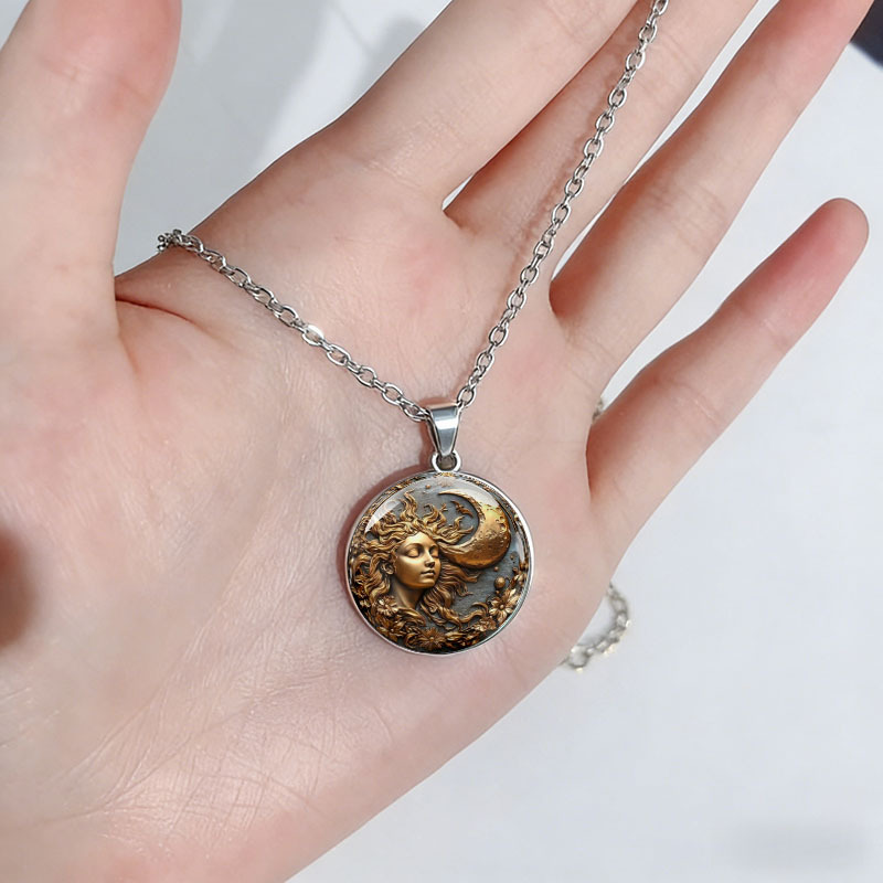 Retro Sun Goddess and Crescent Pendant Necklace